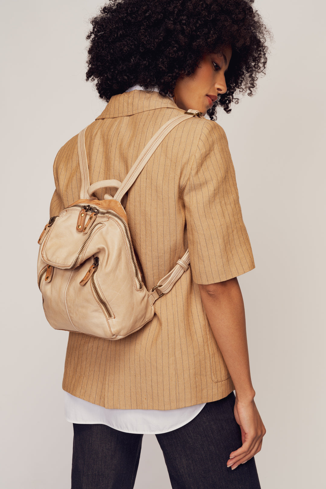 LUSHER SOFT AND SLOUCHY SMALL BACKPACKPACK SAND BEIGE, LUSHER + BAYSIDE84 COLLAB, SMALL BEIGE LEATHER BACKPACK PURSE, 