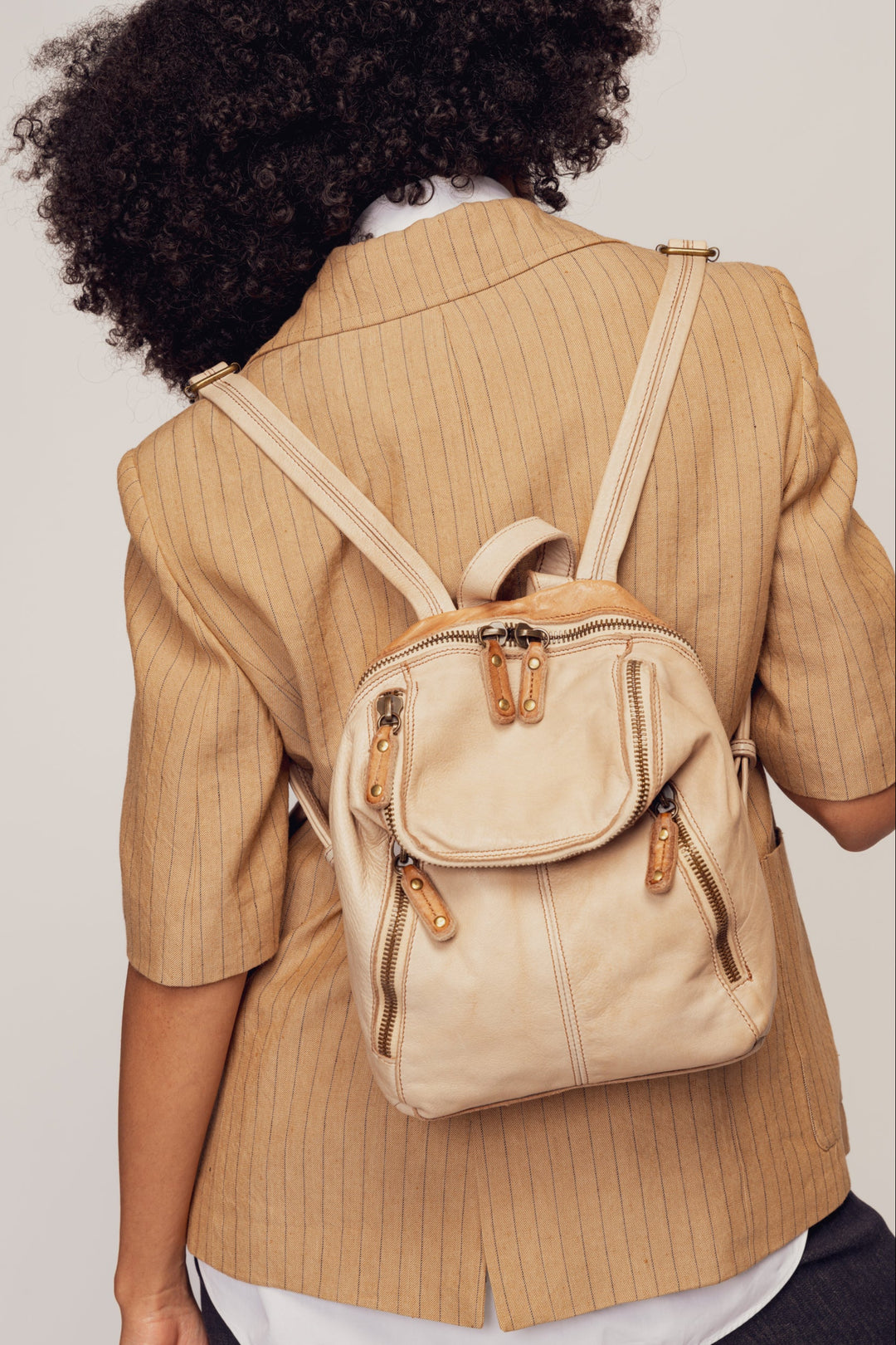 LUSHER SOFT AND SLOUCHY SMALL BACKPACKPACK SAND BEIGE, LUSHER + BAYSIDE84 COLLAB, SMALL BEIGE LEATHER BACKPACK PURSE 