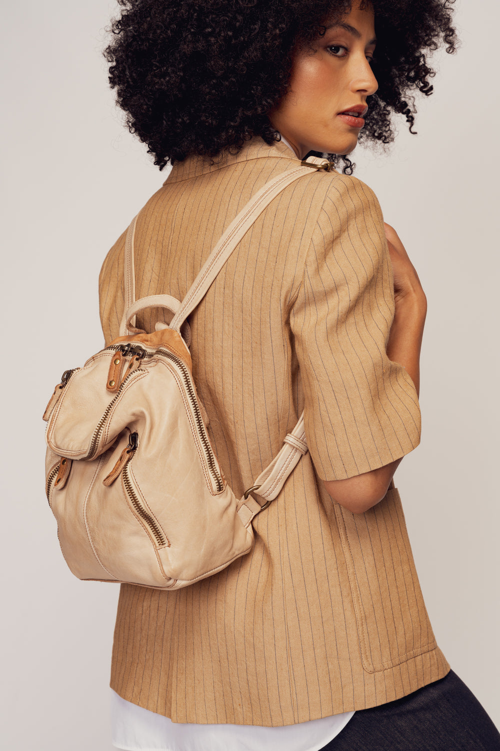 LUSHER SOFT AND SLOUCHY SMALL BACKPACKPACK SAND BEIGE, LUSHER + BAYSIDE84 COLLAB, SMALL BEIGE LEATHER BACKPACK PURSE, 