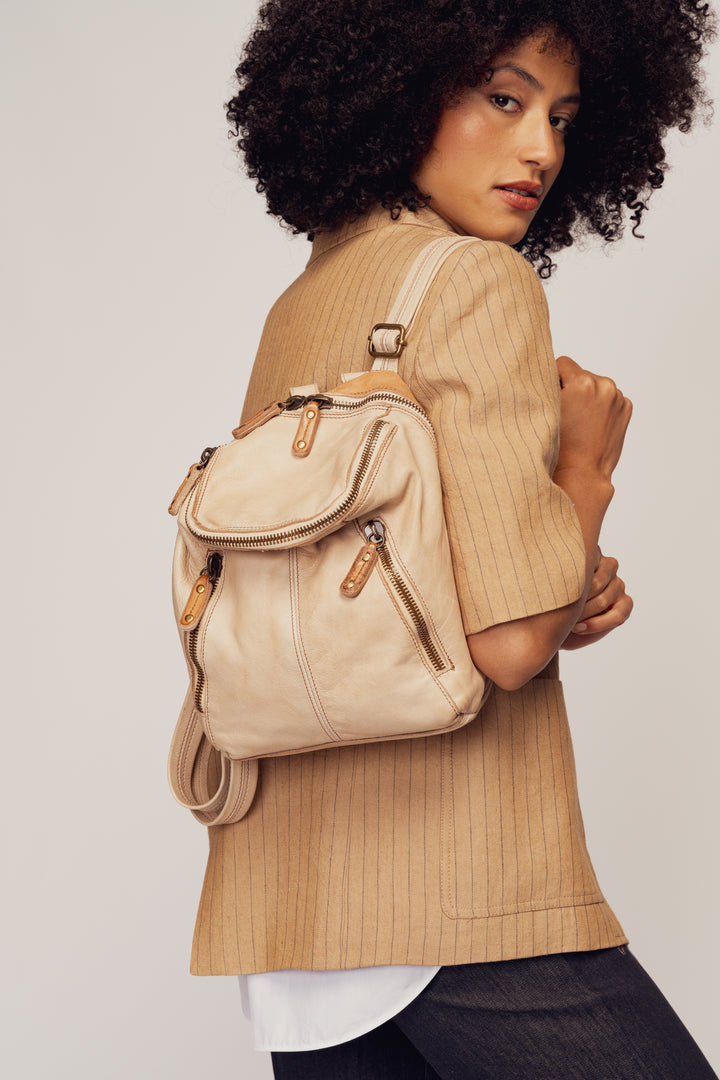 LUSHER SOFT AND SLOUCHY SMALL BACKPACKPACK SAND BEIGE, LUSHER + BAYSIDE84 COLLAB, SMALL BEIGE LEATHER BACKPACK PURSE, 