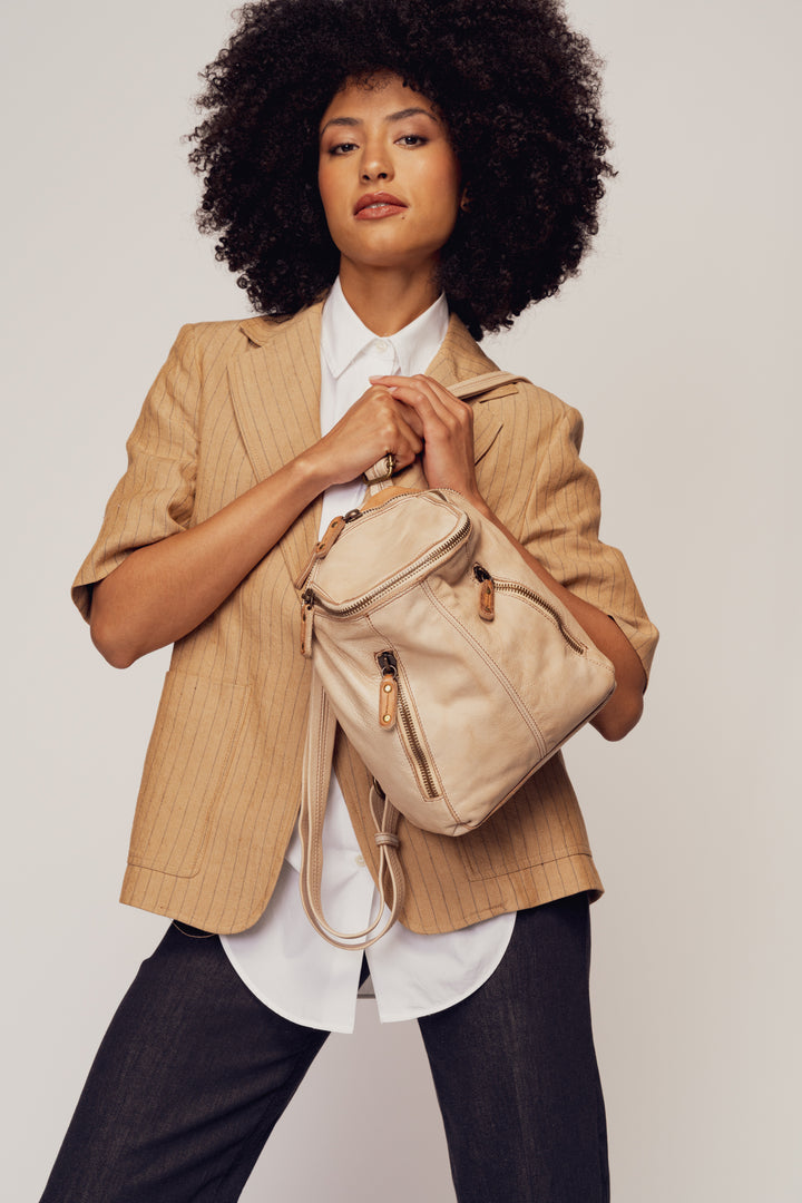 LUSHER SOFT AND SLOUCHY SMALL BACKPACKPACK SAND BEIGE, LUSHER + BAYSIDE84 COLLAB, SMALL BEIGE LEATHER BACKPACK PURSE, 