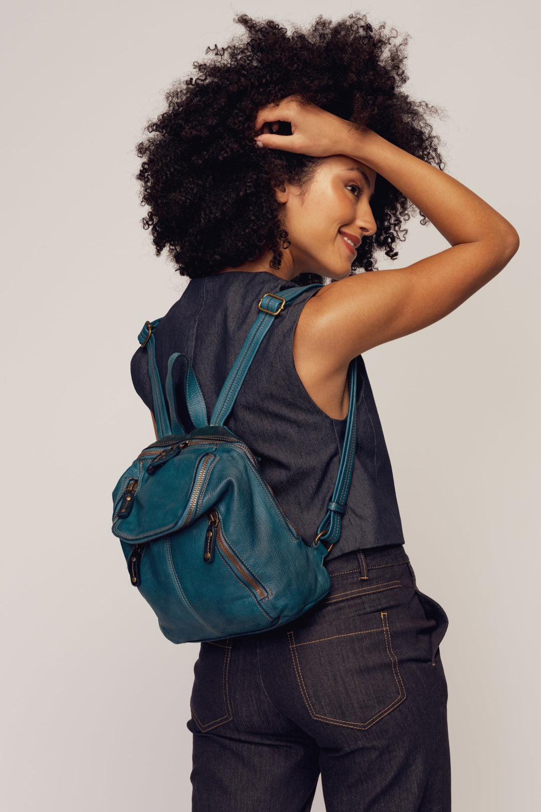 LUSHER SOFT AND SLOUCHY SMALL LEATHER BACKPACK BLUE, BAYSIDE84 + LUSHER COLLAB, SMALL LEATHER BACKPACK, MINI BACKPACK, BLUE LEATHER MINI BACKPACK, SOFT SLOUCHY LEATHER MINI BACKPACK BLUE
