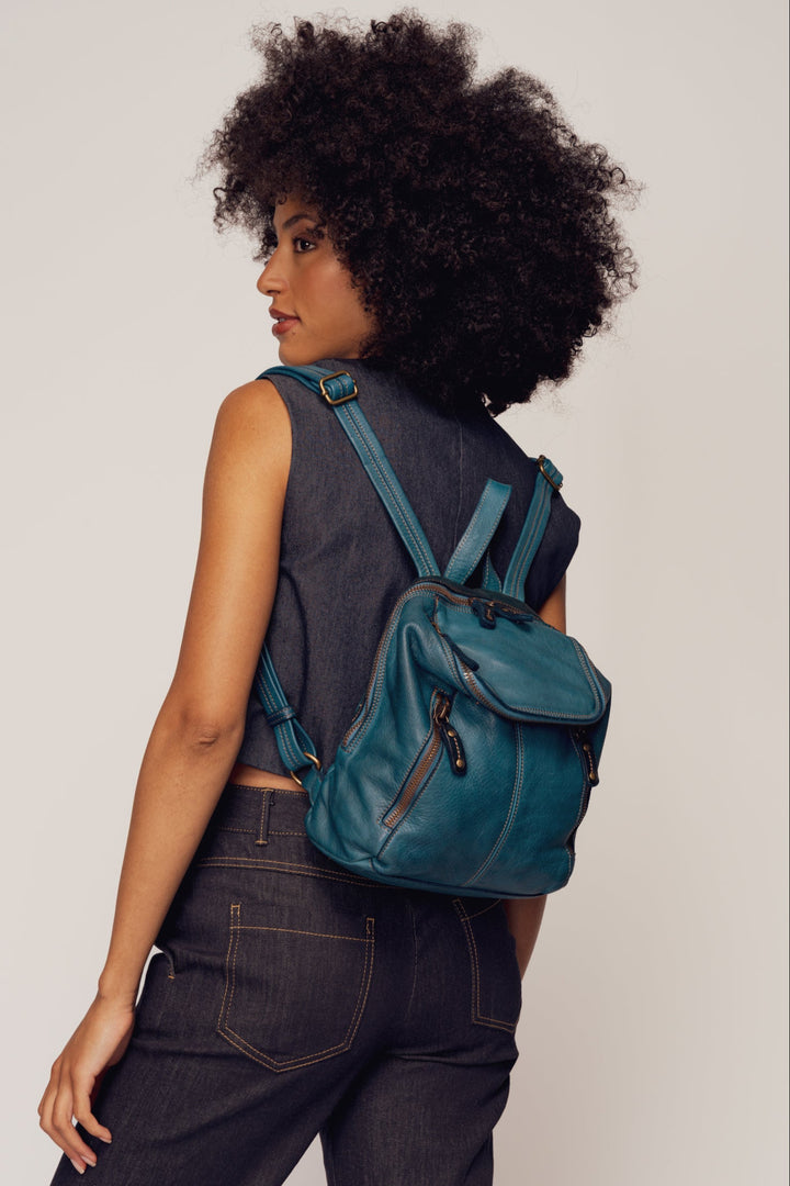 LUSHER SOFT AND SLOUCHY SMALL LEATHER BACKPACK BLUE, BAYSIDE84 + LUSHER COLLAB, SMALL LEATHER BACKPACK, MINI BACKPACK, BLUE LEATHER MINI BACKPACK, SOFT SLOUCHY LEATHER MINI BACKPACK BLUE