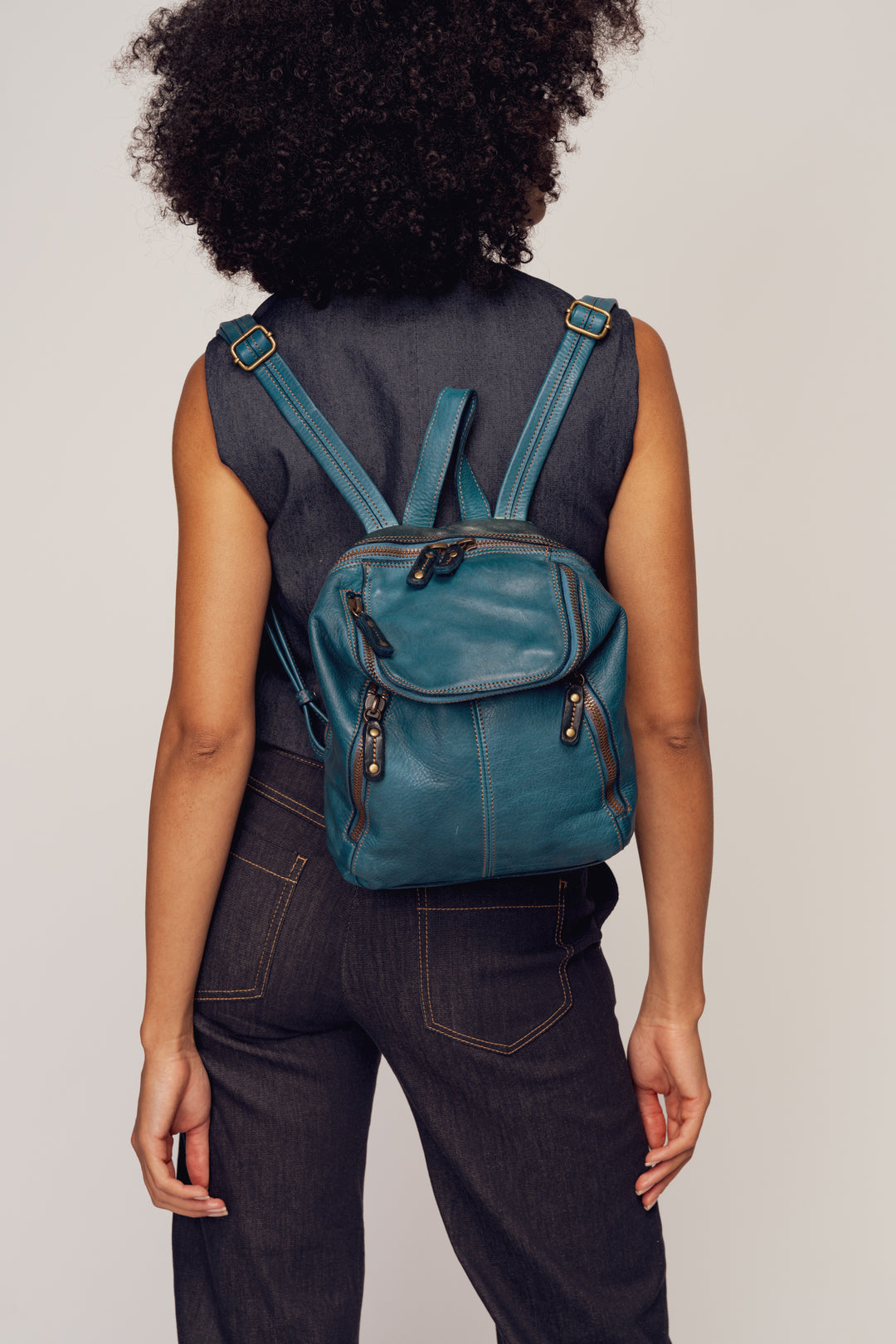 LUSHER SOFT AND SLOUCHY SMALL LEATHER BACKPACK BLUE, BAYSIDE84 + LUSHER COLLAB, SMALL LEATHER BACKPACK, MINI BACKPACK, BLUE LEATHER MINI BACKPACK, SOFT SLOUCHY LEATHER MINI BACKPACK BLUE