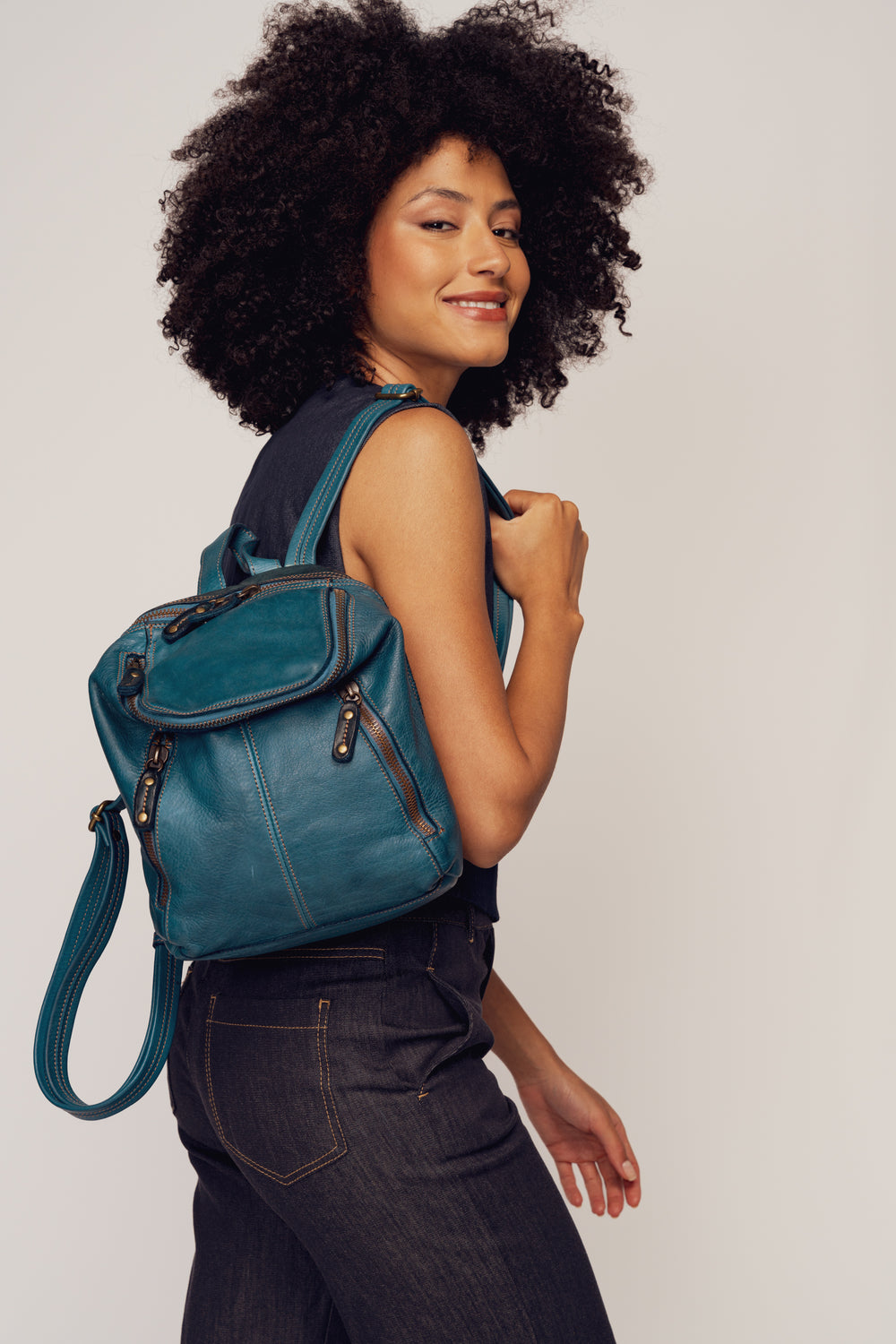 LUSHER SOFT AND SLOUCHY SMALL LEATHER BACKPACK BLUE, BAYSIDE84 + LUSHER COLLAB, SMALL LEATHER BACKPACK, MINI BACKPACK, BLUE LEATHER MINI BACKPACK, SOFT SLOUCHY LEATHER MINI BACKPACK BLUE