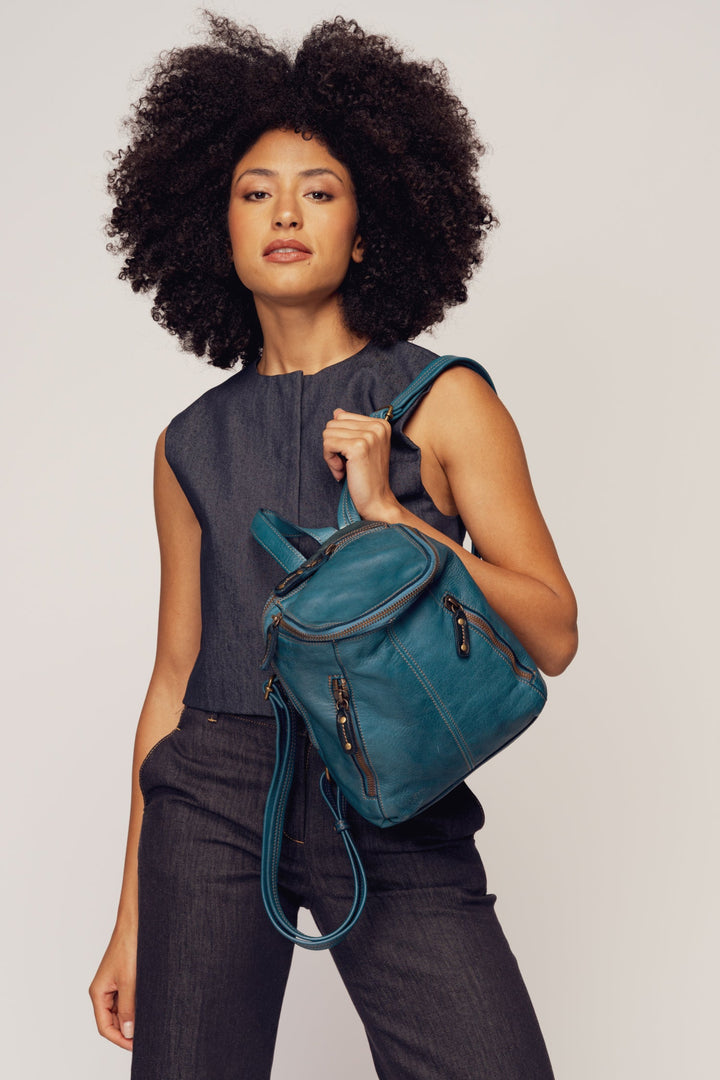 LUSHER SOFT AND SLOUCHY SMALL LEATHER BACKPACK BLUE, BAYSIDE84 + LUSHER COLLAB, SMALL LEATHER BACKPACK, MINI BACKPACK, BLUE LEATHER MINI BACKPACK, SOFT SLOUCHY LEATHER MINI BACKPACK BLUE