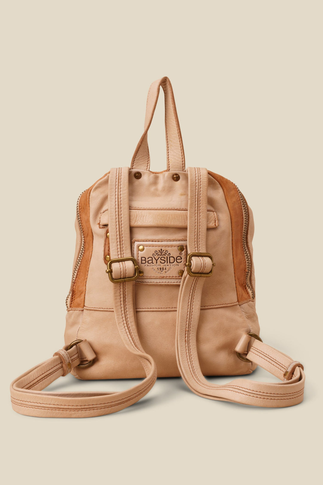LUSHER SOFT AND SLOUCHY SMALL BACKPACKPACK SAND BEIGE, LUSHER + BAYSIDE84 COLLAB, SMALL BEIGE LEATHER BACKPACK PURSE, 