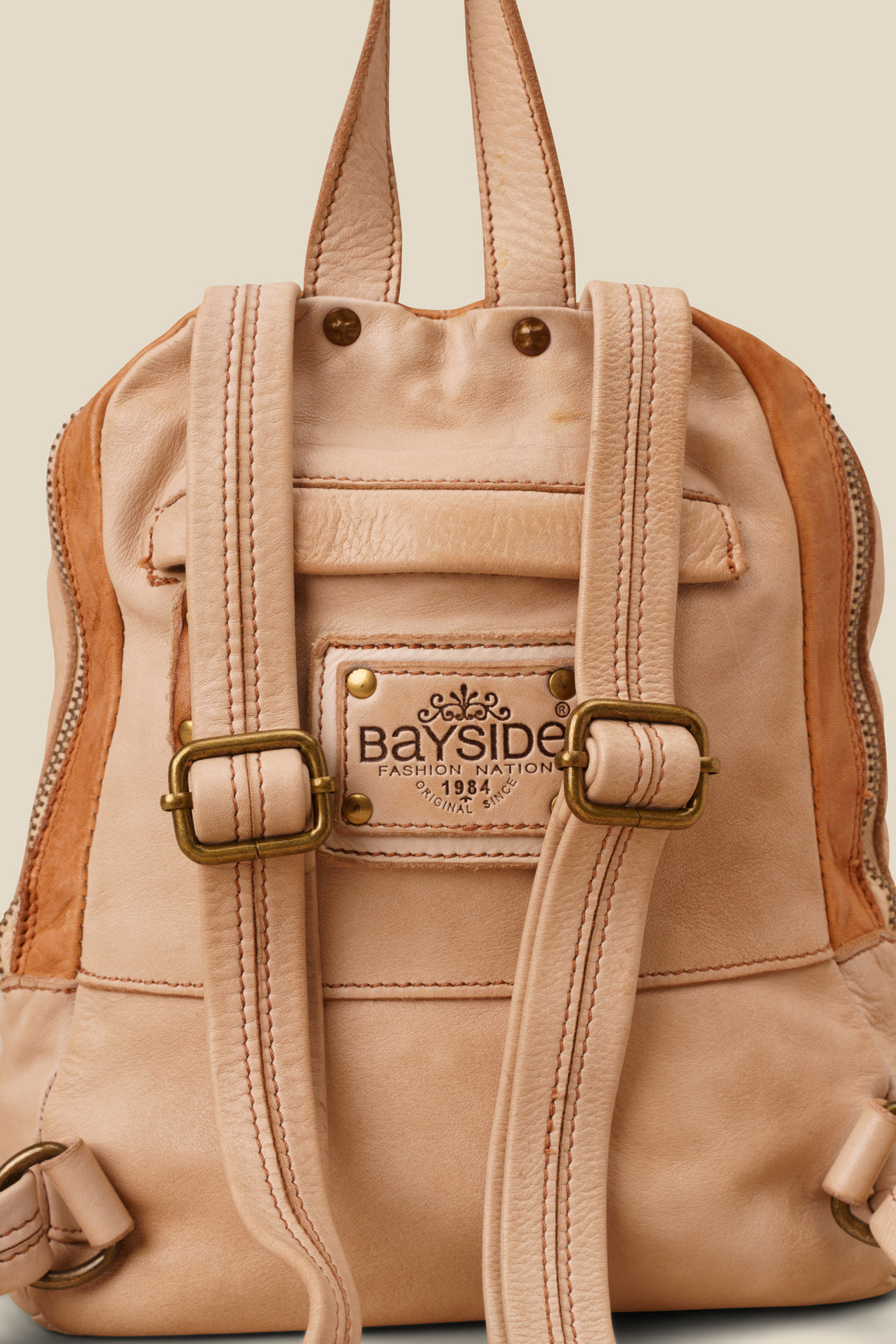 LUSHER SOFT AND SLOUCHY SMALL BACKPACKPACK SAND BEIGE, LUSHER + BAYSIDE84 COLLAB, SMALL BEIGE LEATHER BACKPACK PURSE, 