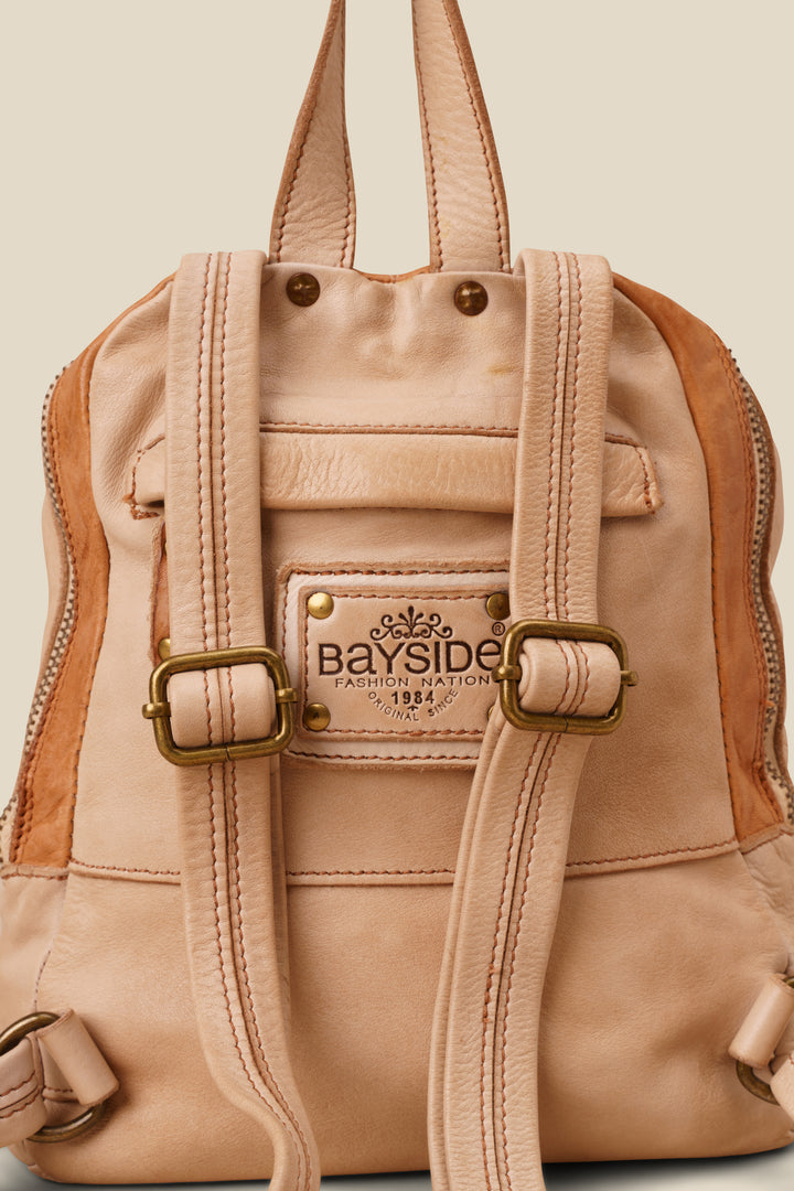 LUSHER SOFT AND SLOUCHY SMALL BACKPACKPACK SAND BEIGE, LUSHER + BAYSIDE84 COLLAB, SMALL BEIGE LEATHER BACKPACK PURSE, 