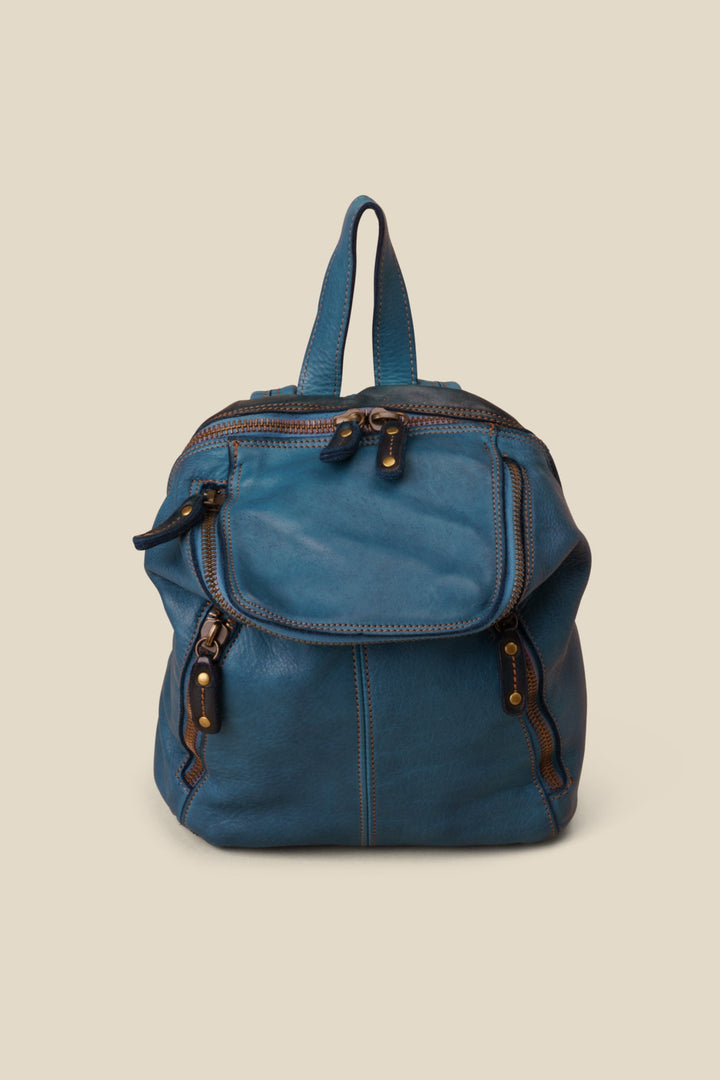LUSHER SOFT AND SLOUCHY SMALL LEATHER BACKPACK BLUE, BAYSIDE84 + LUSHER COLLAB, SMALL LEATHER BACKPACK, MINI BACKPACK, BLUE LEATHER MINI BACKPACK, SOFT SLOUCHY LEATHER MINI BACKPACK BLUE