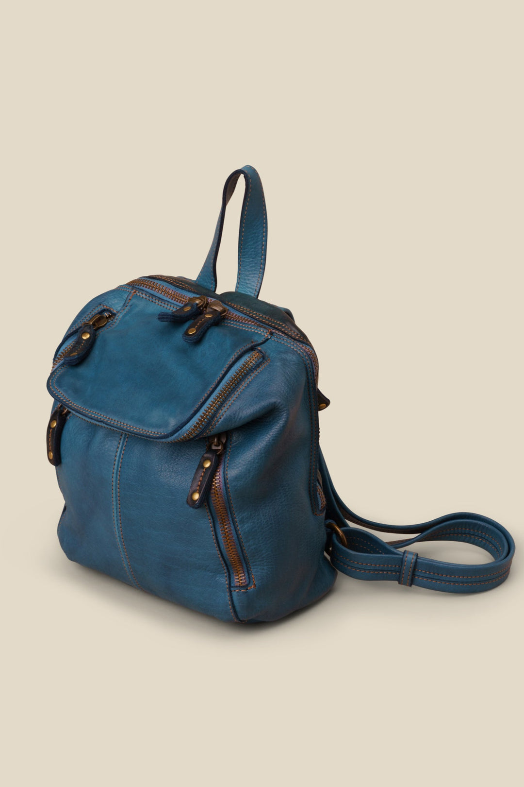 LUSHER SOFT AND SLOUCHY SMALL LEATHER BACKPACK BLUE, BAYSIDE84 + LUSHER COLLAB, SMALL LEATHER BACKPACK, MINI BACKPACK, BLUE LEATHER MINI BACKPACK, SOFT SLOUCHY LEATHER MINI BACKPACK BLUE