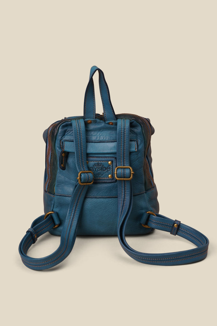 LUSHER SOFT AND SLOUCHY SMALL LEATHER BACKPACK BLUE, BAYSIDE84 + LUSHER COLLAB, SMALL LEATHER BACKPACK, MINI BACKPACK, BLUE LEATHER MINI BACKPACK, SOFT SLOUCHY LEATHER MINI BACKPACK BLUE