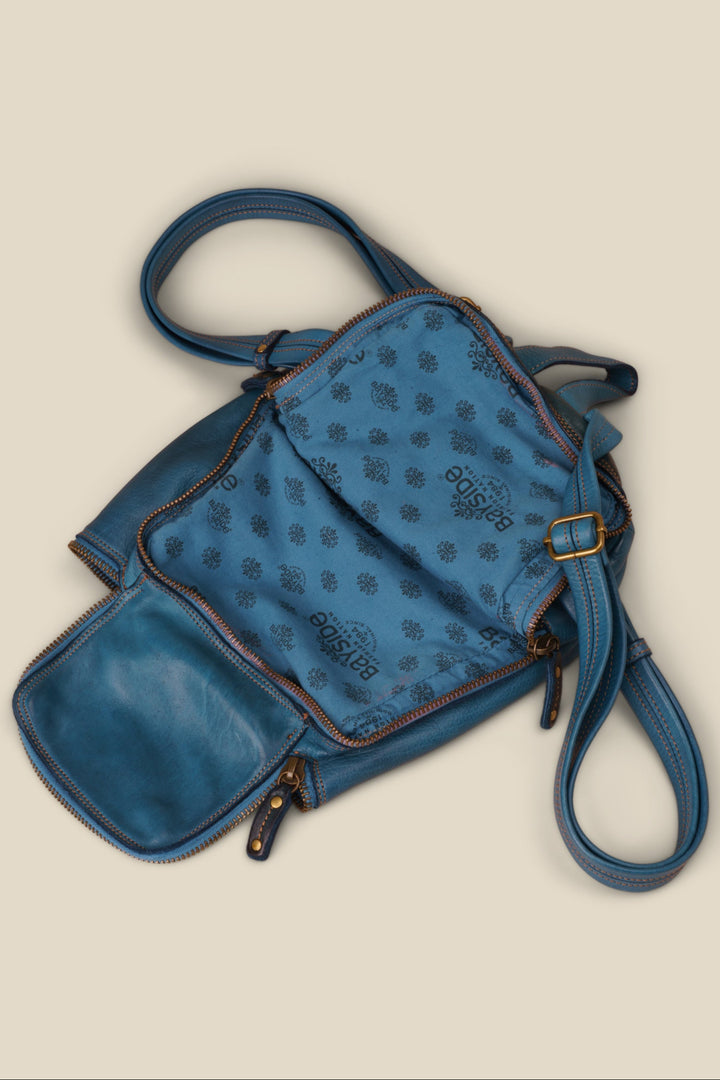 LUSHER SOFT AND SLOUCHY SMALL LEATHER BACKPACK BLUE, BAYSIDE84 + LUSHER COLLAB, SMALL LEATHER BACKPACK, MINI BACKPACK, BLUE LEATHER MINI BACKPACK, SOFT SLOUCHY LEATHER MINI BACKPACK BLUE