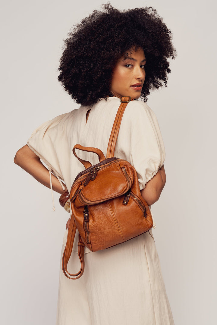 LUSHER SOFT AND SLOUCHY SMALL BACKPACK IN COGNAC, LUSHER + BAYSIDE84 COLLAB COLLECTION SOFT AND SLOUCHY SMALL BACKPACK, MINI LEATHER BACKPACK PURSE BY LUSHER.co