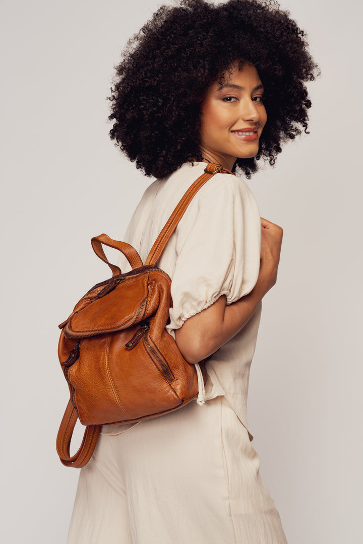 LUSHER SOFT AND SLOUCHY SMALL BACKPACK IN COGNAC, LUSHER + BAYSIDE84 COLLAB COLLECTION SOFT AND SLOUCHY SMALL BACKPACK, MINI LEATHER BACKPACK PURSE BY LUSHER.co