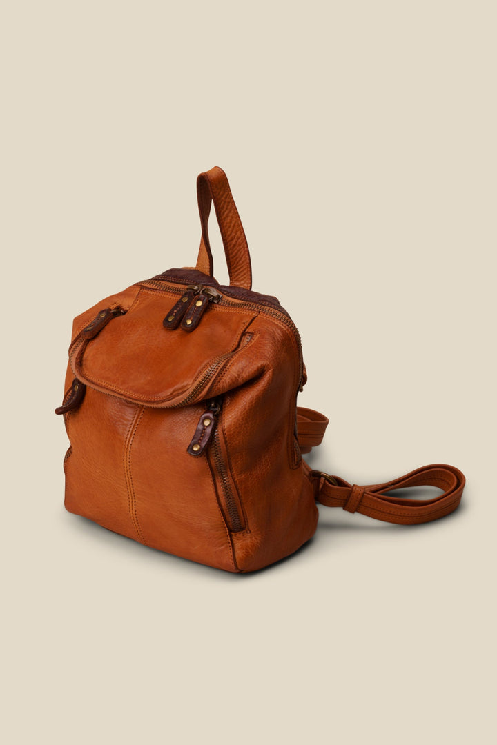 LUSHER SOFT AND SLOUCHY SMALL BACKPACK IN COGNAC, LUSHER + BAYSIDE84 COLLAB COLLECTION SOFT AND SLOUCHY SMALL BACKPACK, MINI LEATHER BACKPACK PURSE BY LUSHER.co