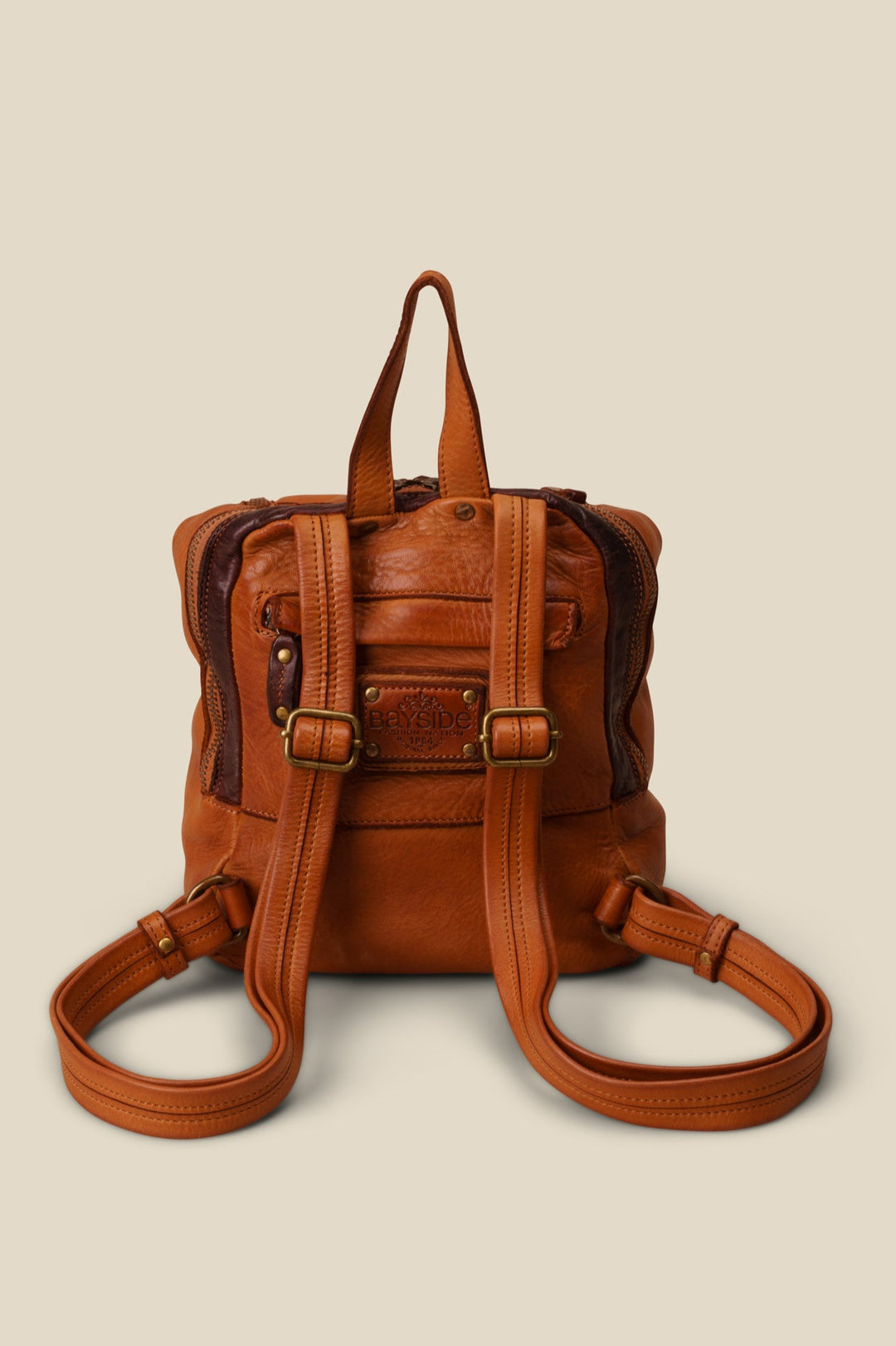 LUSHER SOFT AND SLOUCHY SMALL BACKPACK IN COGNAC, LUSHER + BAYSIDE84 COLLAB COLLECTION SOFT AND SLOUCHY SMALL BACKPACK, MINI LEATHER BACKPACK PURSE BY LUSHER.co
