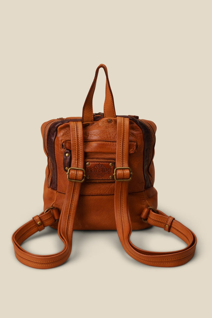 LUSHER SOFT AND SLOUCHY SMALL BACKPACK IN COGNAC, LUSHER + BAYSIDE84 COLLAB COLLECTION SOFT AND SLOUCHY SMALL BACKPACK, MINI LEATHER BACKPACK PURSE BY LUSHER.co
