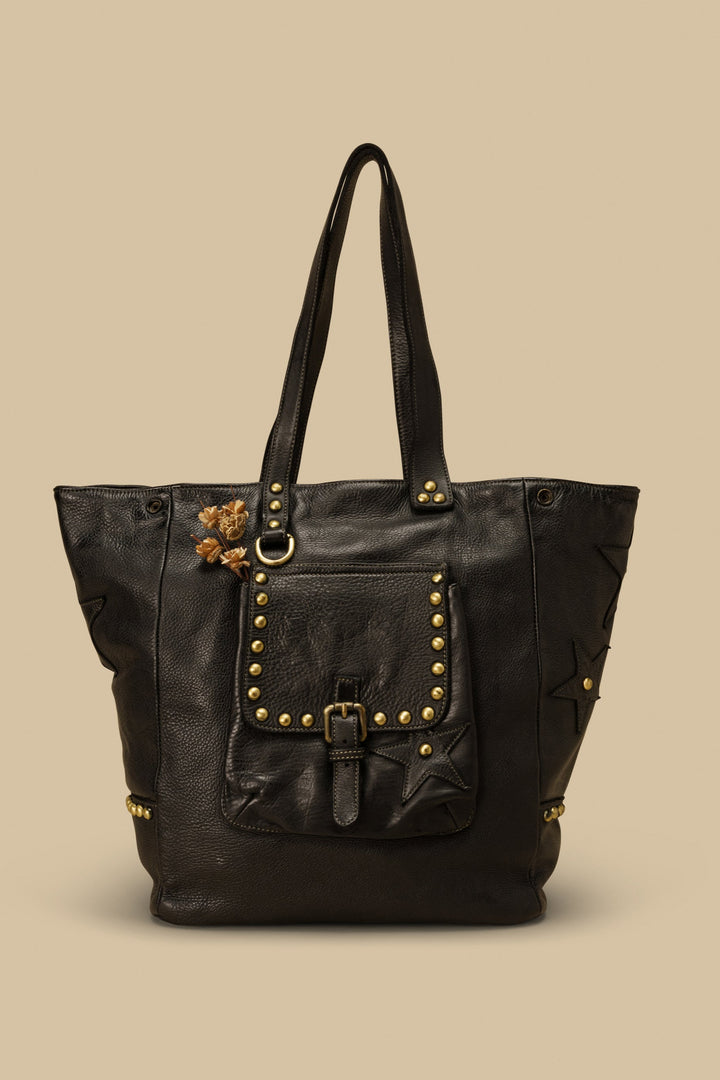 LUSHER STAR TOTE IN BLACK, LARGE LEATHER TOTE WITH STARS AND STUDS, STUDDED LEATHER TOTE BAG, STAR PURSE, PURSE WITH STARS, FREE PEOPLE TOTE BAG WITH STARS, 