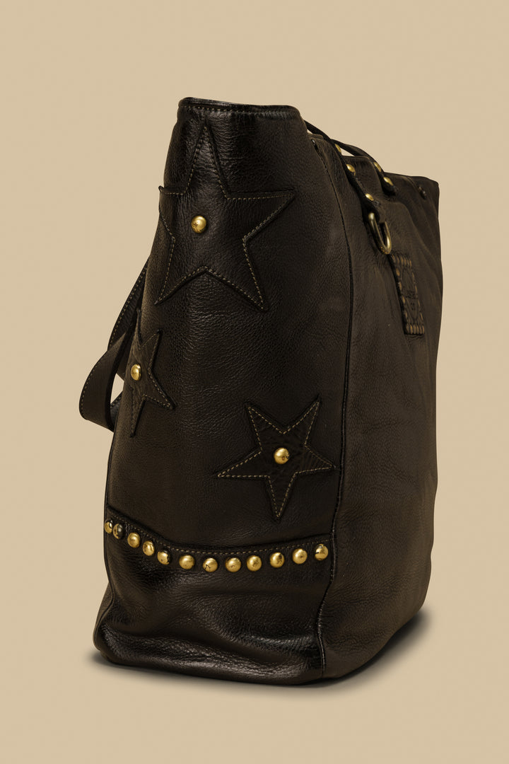 LUSHER STAR TOTE IN BLACK, LARGE LEATHER TOTE WITH STARS AND STUDS, STUDDED LEATHER TOTE BAG, STAR PURSE, PURSE WITH STARS, FREE PEOPLE TOTE BAG WITH STARS, 