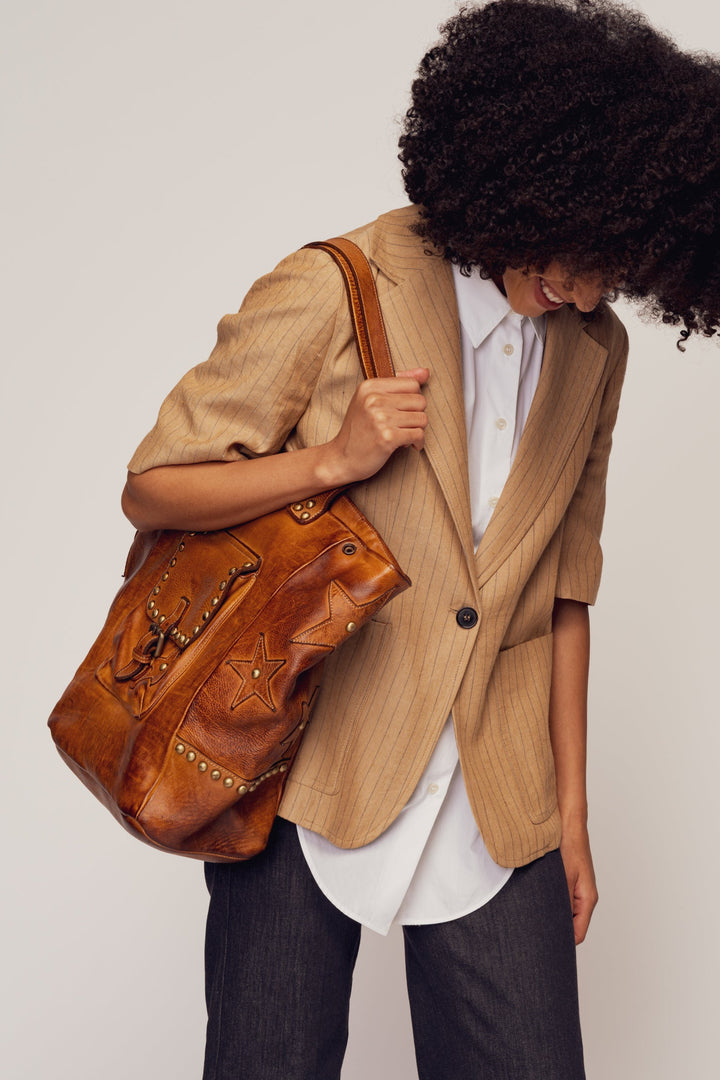 LUSHER STAR TOTE IN COGNAC, XL COGNAC LEATHER TOTE, LEATHER STUDDED TOTE, TOTE WITH STARS