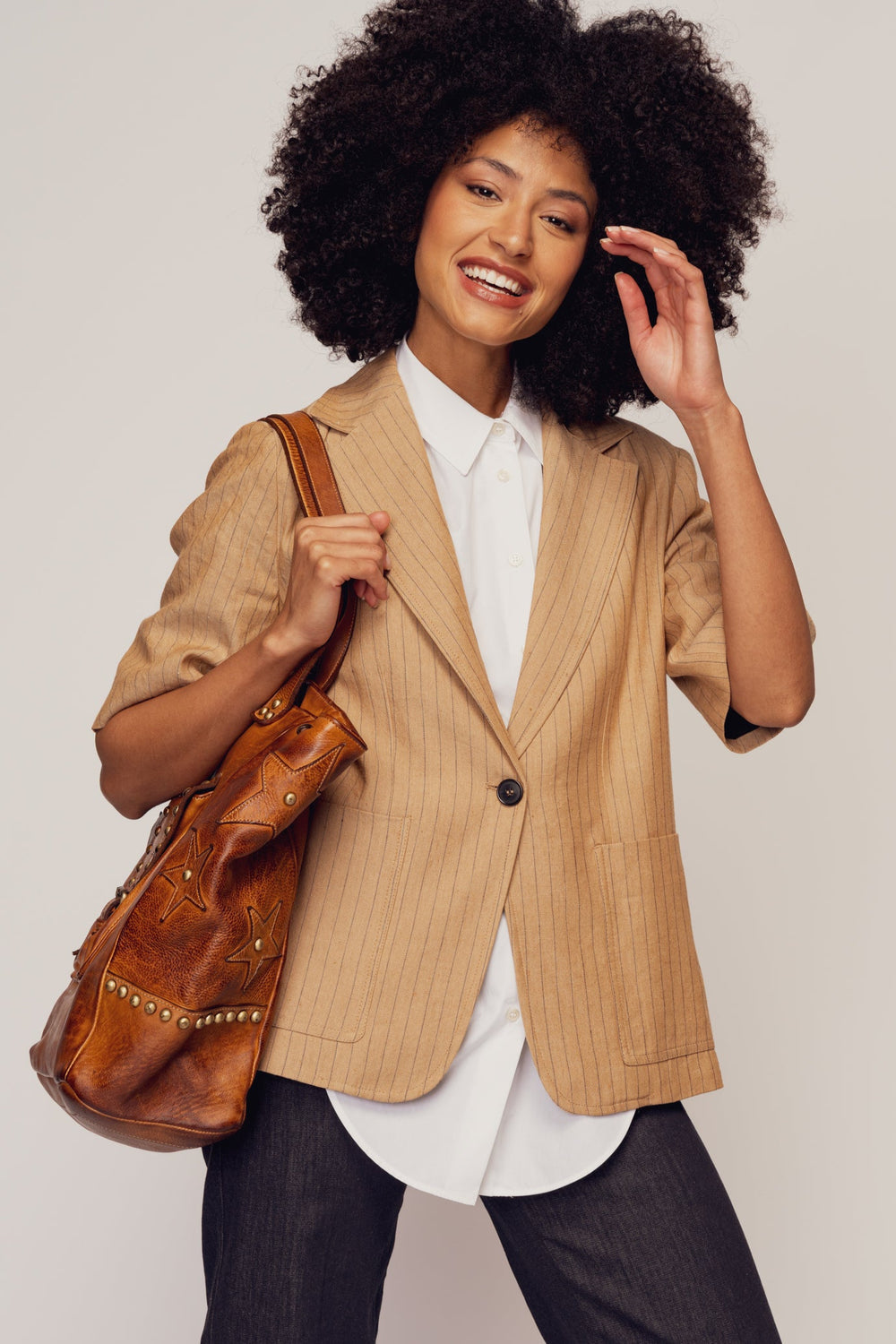 LUSHER STAR TOTE IN COGNAC, XL COGNAC LEATHER TOTE, LEATHER STUDDED TOTE, TOTE WITH STARS