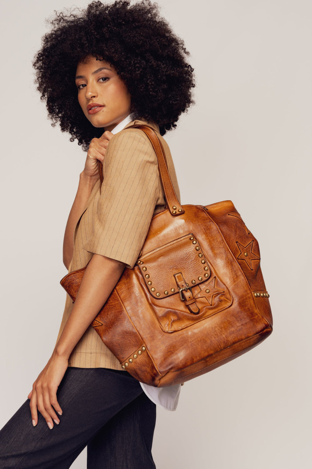 LUSHER STAR TOTE IN COGNAC, XL COGNAC LEATHER TOTE, LEATHER STUDDED TOTE, TOTE WITH STARS