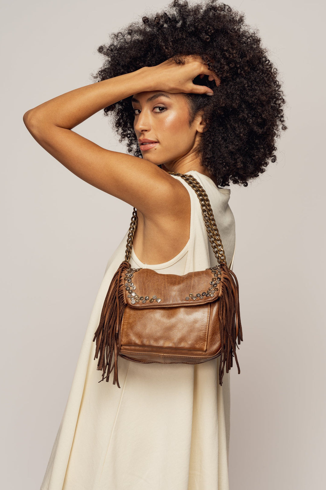 LUSHER AU79 Studded Fringe Hobo with Chain Strap - Caramel, LUSHER AU79 STUDDED FRINGE HOBO WITH CHAIN STRAP