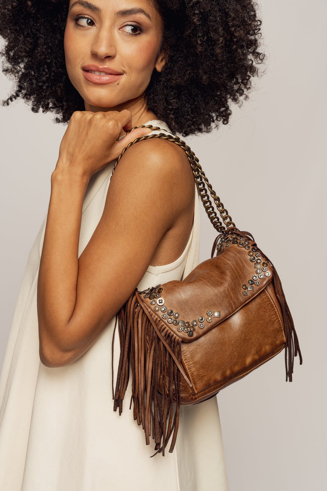 LUSHER AU79 Studded Fringe Hobo with Chain Strap - Caramel, LUSHER AU79 STUDDED FRINGE HOBO WITH CHAIN STRAP