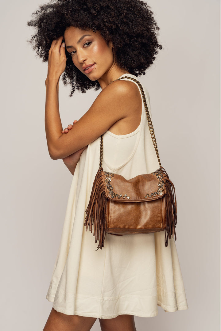 LUSHER AU79 Studded Fringe Hobo with Chain Strap - Caramel, LUSHER AU79 STUDDED FRINGE HOBO WITH CHAIN STRAP