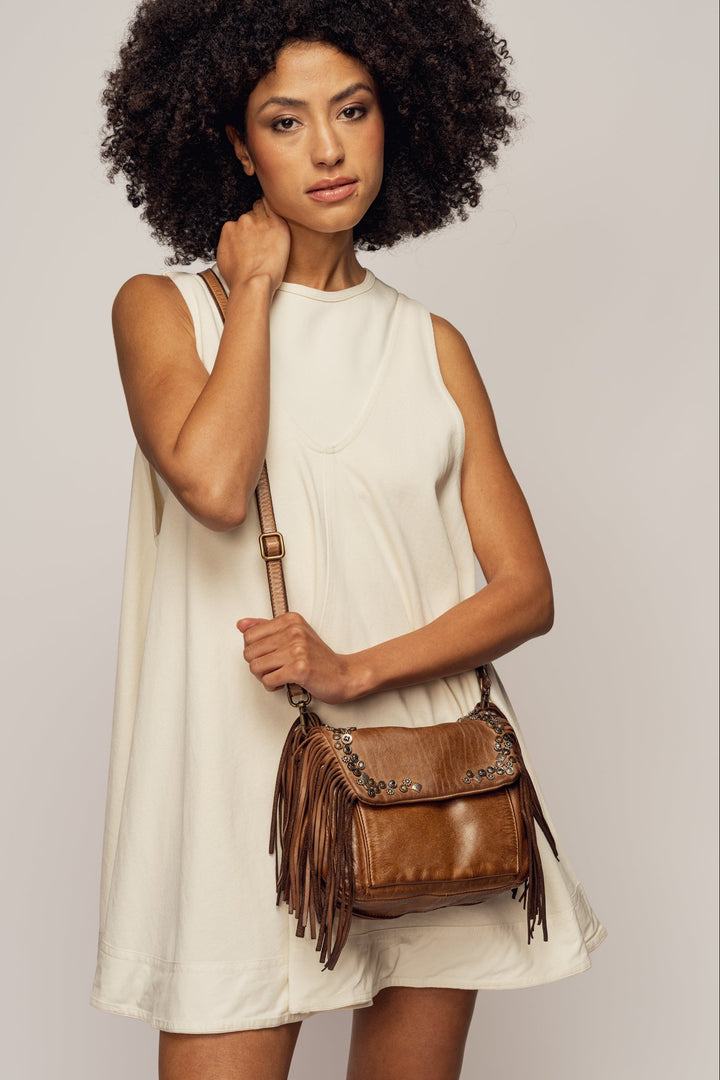 LUSHER AU79 Studded Fringe Hobo with Chain Strap - Caramel, LUSHER AU79 STUDDED FRINGE HOBO WITH CHAIN STRAP
