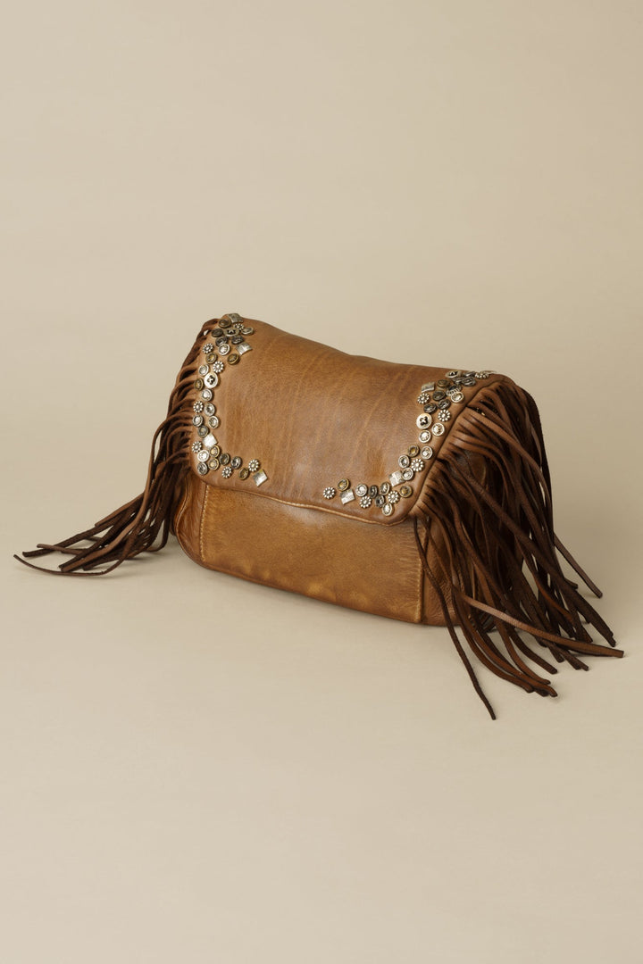 LUSHER AU79 Studded Fringe Hobo with Chain Strap - Caramel, LUSHER AU79 STUDDED FRINGE HOBO WITH CHAIN STRAP