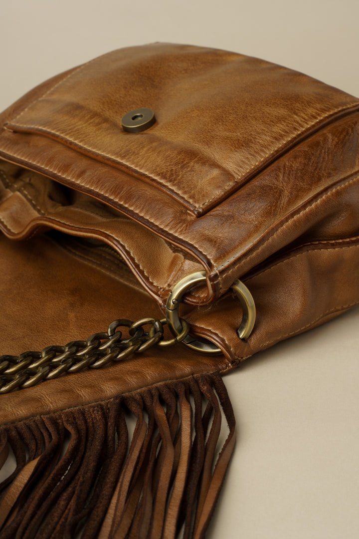 LUSHER AU79 Studded Fringe Hobo with Chain Strap - Caramel, LUSHER AU79 STUDDED FRINGE HOBO WITH CHAIN STRAP