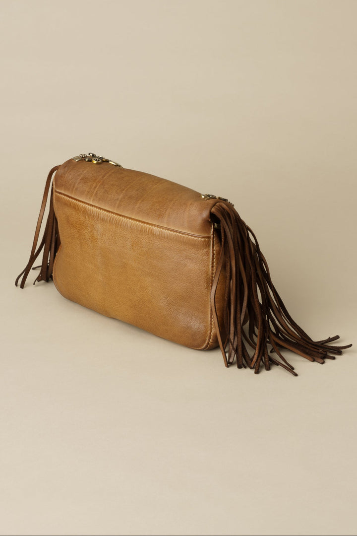 LUSHER AU79 Studded Fringe Hobo with Chain Strap - Caramel, LUSHER AU79 STUDDED FRINGE HOBO WITH CHAIN STRAP