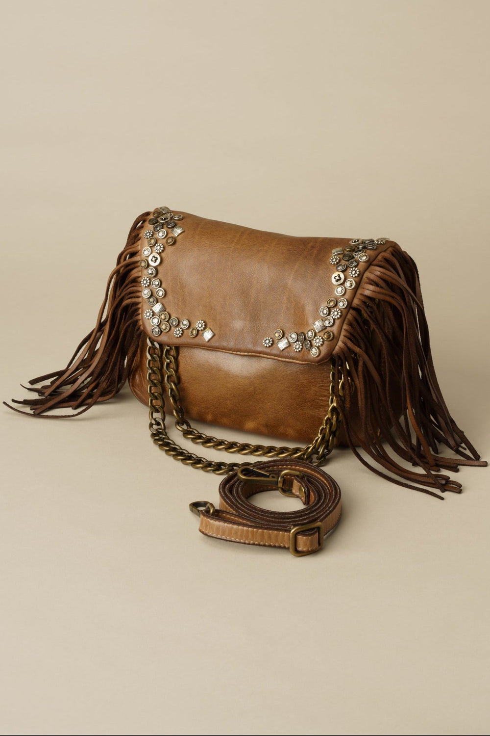 LUSHER AU79 Studded Fringe Hobo with Chain Strap - Caramel, LUSHER AU79 STUDDED FRINGE HOBO WITH CHAIN STRAP
