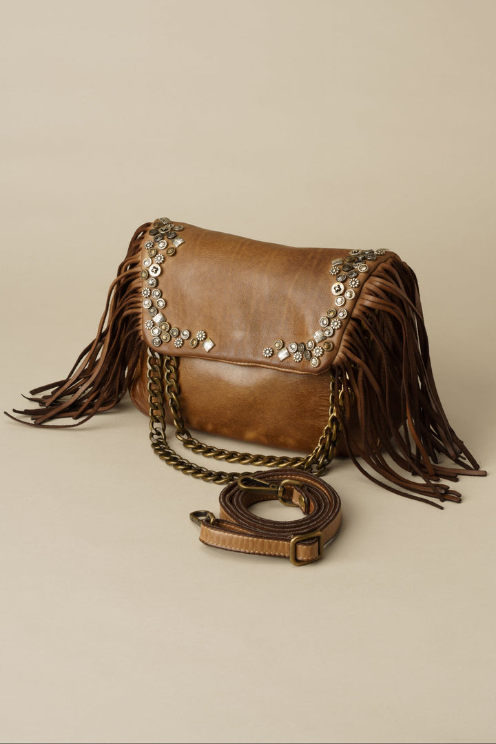 LUSHER AU79 Studded Fringe Hobo with Chain Strap - Caramel, LUSHER AU79 STUDDED FRINGE HOBO WITH CHAIN STRAP