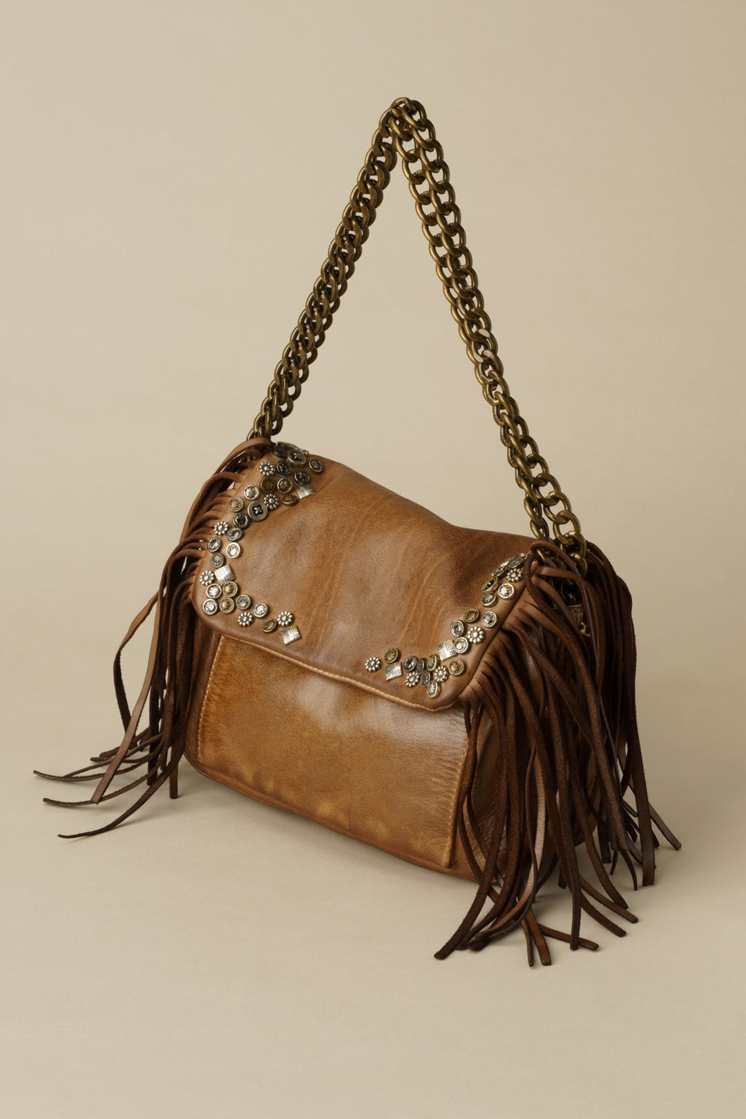 LUSHER AU79 Studded Fringe Hobo with Chain Strap - Caramel, LUSHER AU79 STUDDED FRINGE HOBO WITH CHAIN STRAP