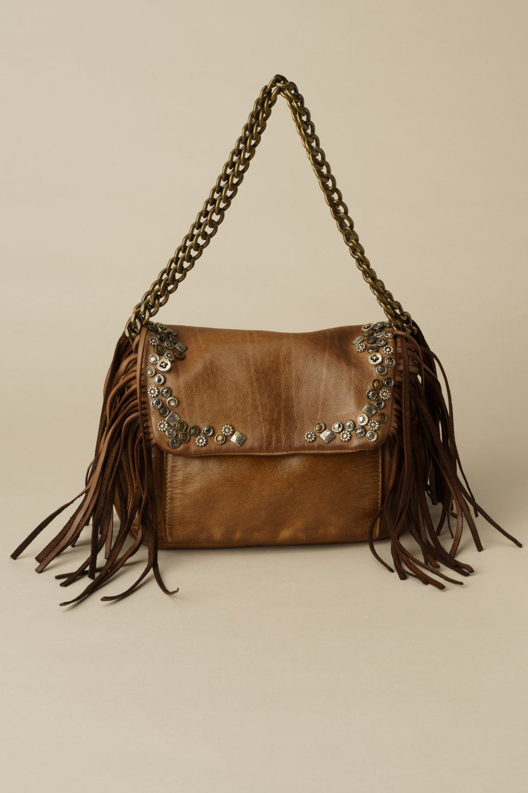 LUSHER AU79 Studded Fringe Hobo with Chain Strap - Caramel, LUSHER AU79 STUDDED FRINGE HOBO WITH CHAIN STRAP