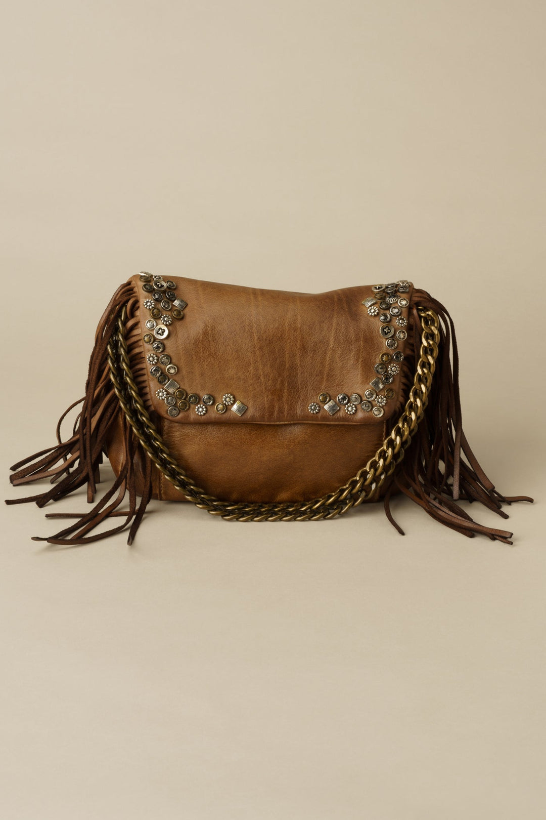 LUSHER AU79 Studded Fringe Hobo with Chain Strap - Caramel, LUSHER AU79 STUDDED FRINGE HOBO WITH CHAIN STRAP