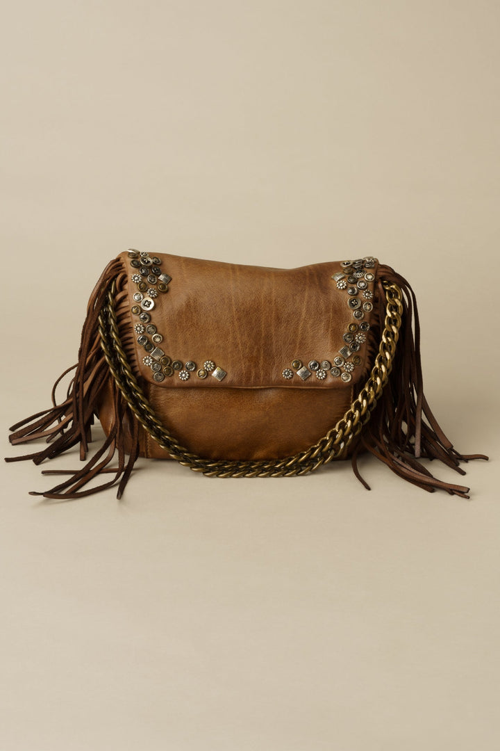 LUSHER AU79 Studded Fringe Hobo with Chain Strap - Caramel, LUSHER AU79 STUDDED FRINGE HOBO WITH CHAIN STRAP