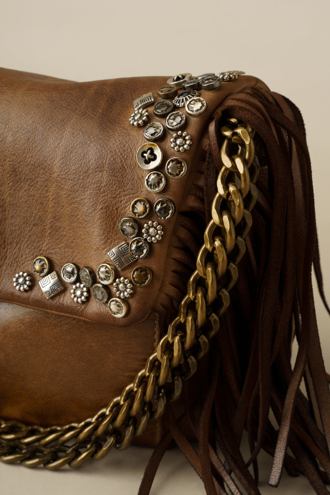 LUSHER AU79 Studded Fringe Hobo with Chain Strap - Caramel, LUSHER AU79 STUDDED FRINGE HOBO WITH CHAIN STRAP