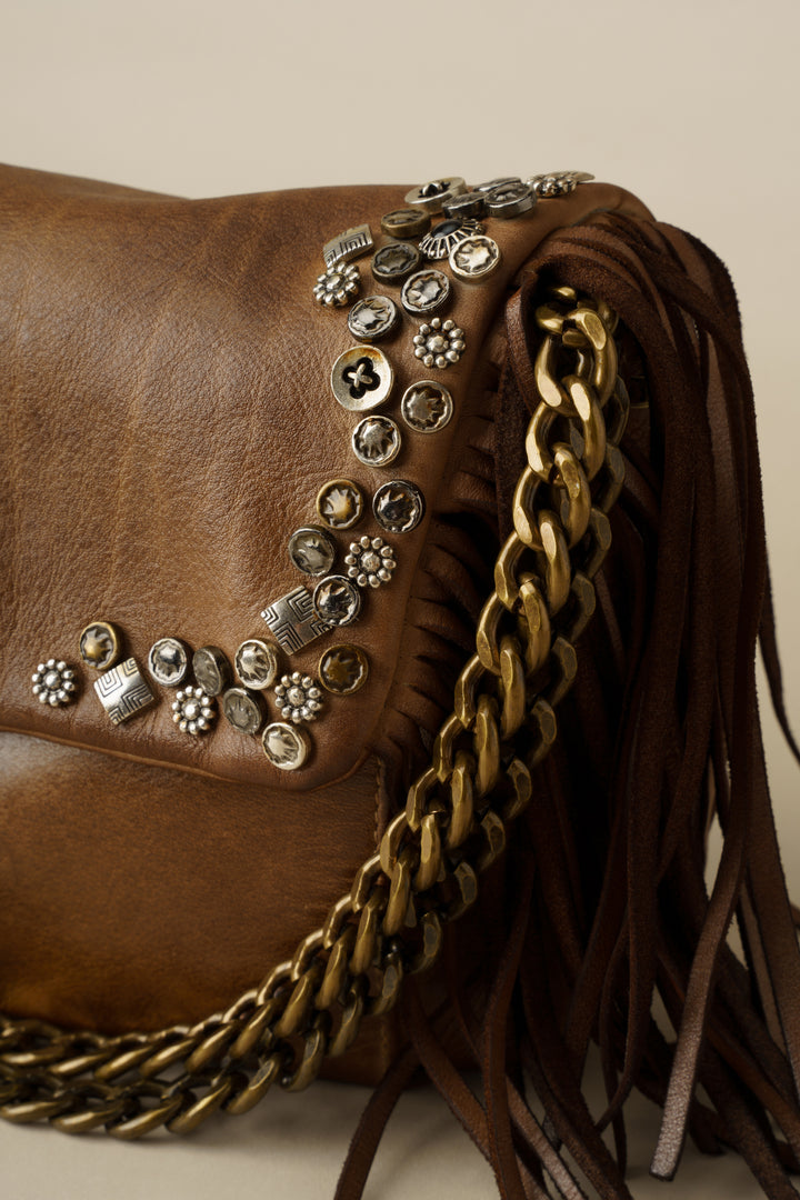 LUSHER AU79 Studded Fringe Hobo with Chain Strap - Caramel, LUSHER AU79 STUDDED FRINGE HOBO WITH CHAIN STRAP
