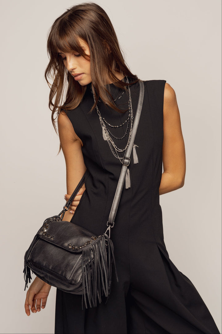 LUSHER Studded Fringe Hobo with Chain Strap - Black, LUSHER AU79 STUDDED FRINGE HOBO WITH CHAIN STRAP