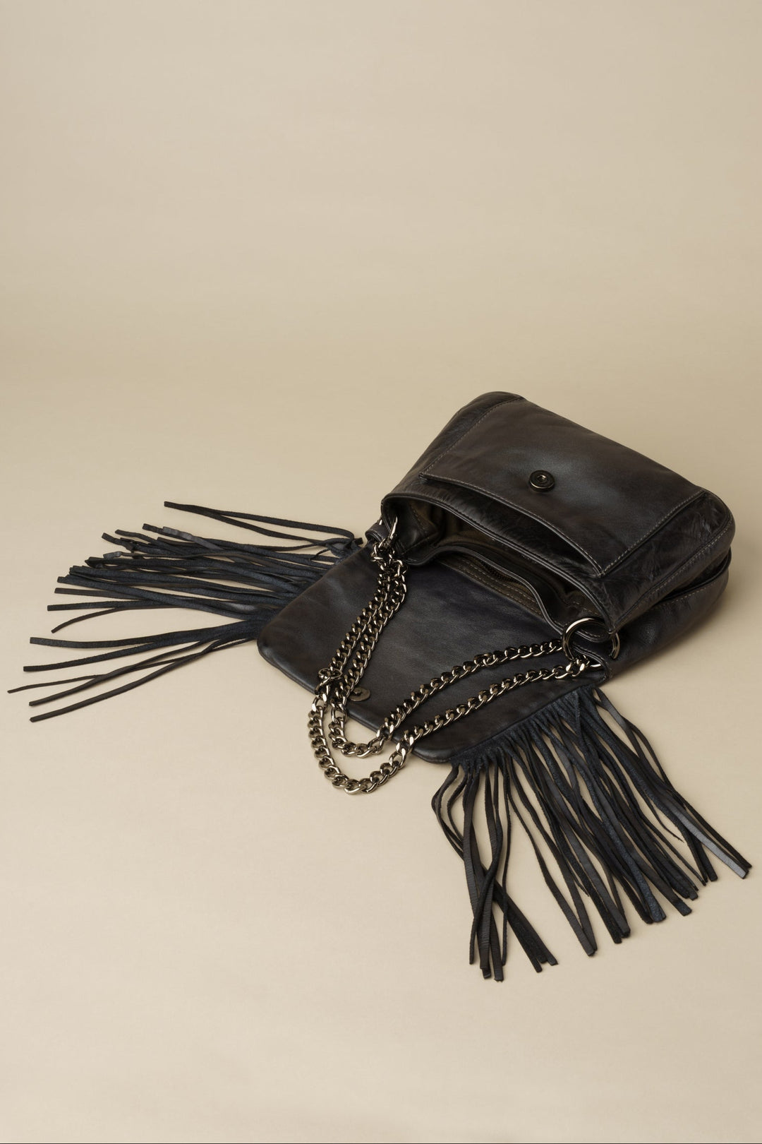 LUSHER Studded Fringe Hobo with Chain Strap - Black, LUSHER AU79 STUDDED FRINGE HOBO WITH CHAIN STRAP