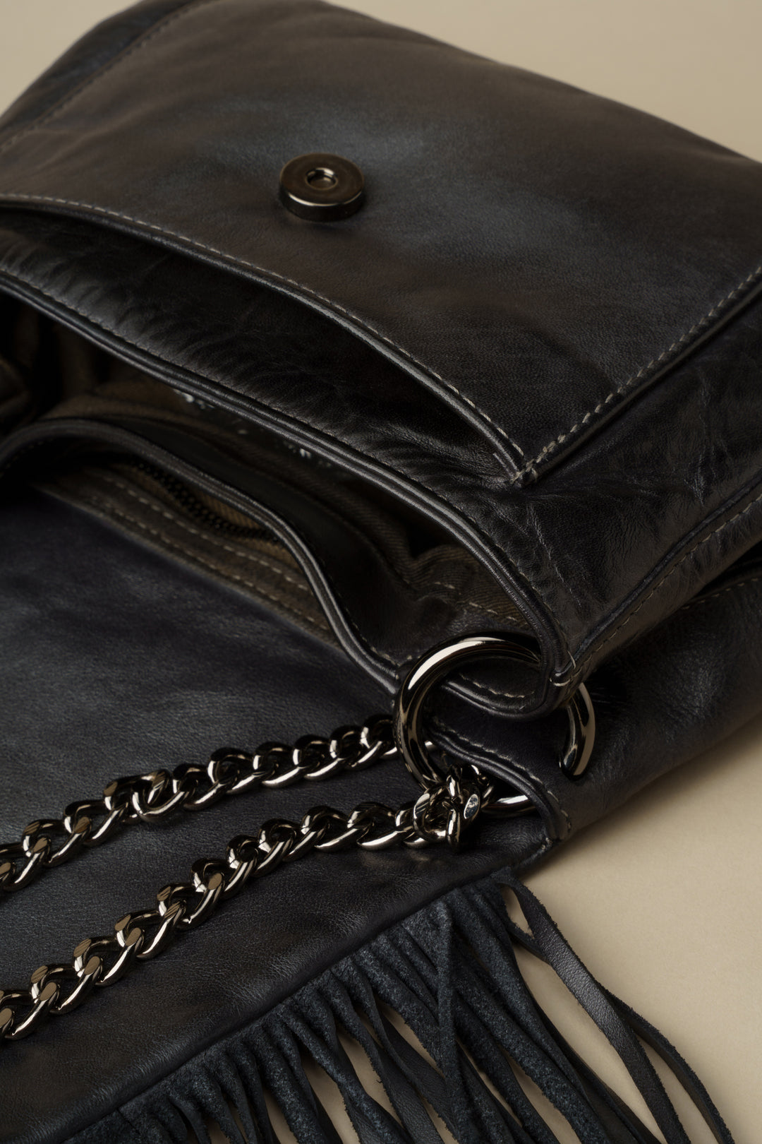 LUSHER Studded Fringe Hobo with Chain Strap - Black, LUSHER AU79 STUDDED FRINGE HOBO WITH CHAIN STRAP