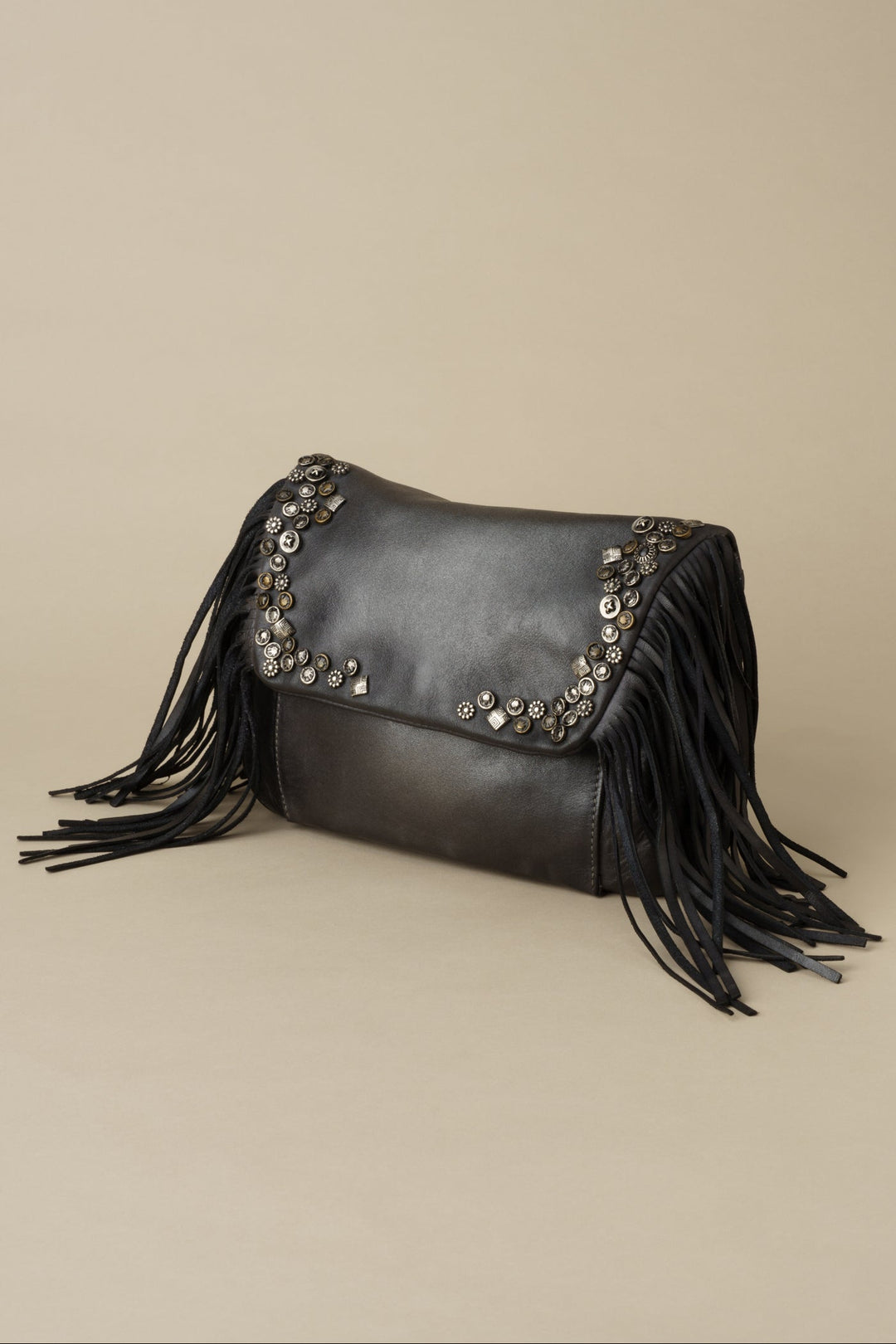LUSHER Studded Fringe Hobo with Chain Strap - Black, LUSHER AU79 STUDDED FRINGE HOBO WITH CHAIN STRAP