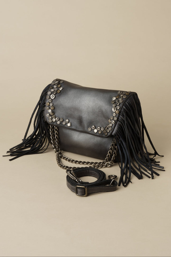 LUSHER Studded Fringe Hobo with Chain Strap - Black, LUSHER AU79 STUDDED FRINGE HOBO WITH CHAIN STRAP