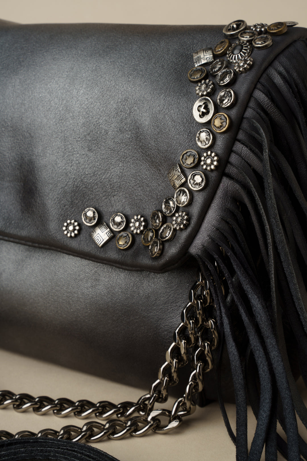 LUSHER Studded Fringe Hobo with Chain Strap - Black, LUSHER AU79 STUDDED FRINGE HOBO WITH CHAIN STRAP