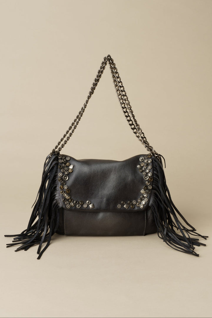 LUSHER Studded Fringe Hobo with Chain Strap - Black, LUSHER AU79 STUDDED FRINGE HOBO WITH CHAIN STRAP