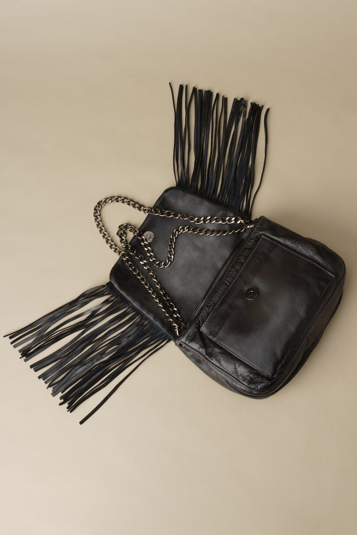 LUSHER Studded Fringe Hobo with Chain Strap - Black, LUSHER AU79 STUDDED FRINGE HOBO WITH CHAIN STRAP